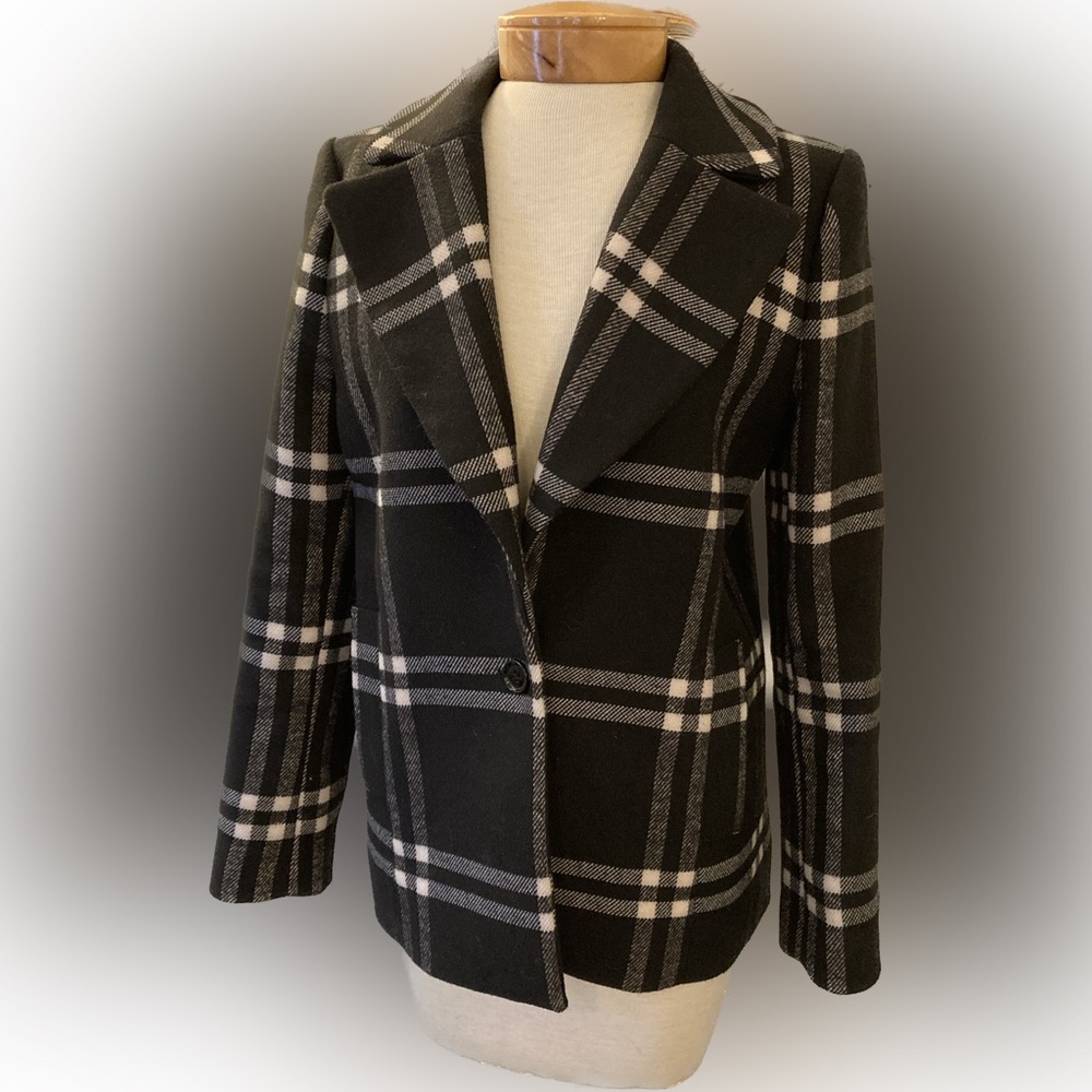 Reiss 1971 black check Adelle short wool blend coat UK Small